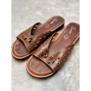 Vintage Rocio Womens Huarache Sandals US 9 Mex 26 Brown Leather Bow Cutout Flats